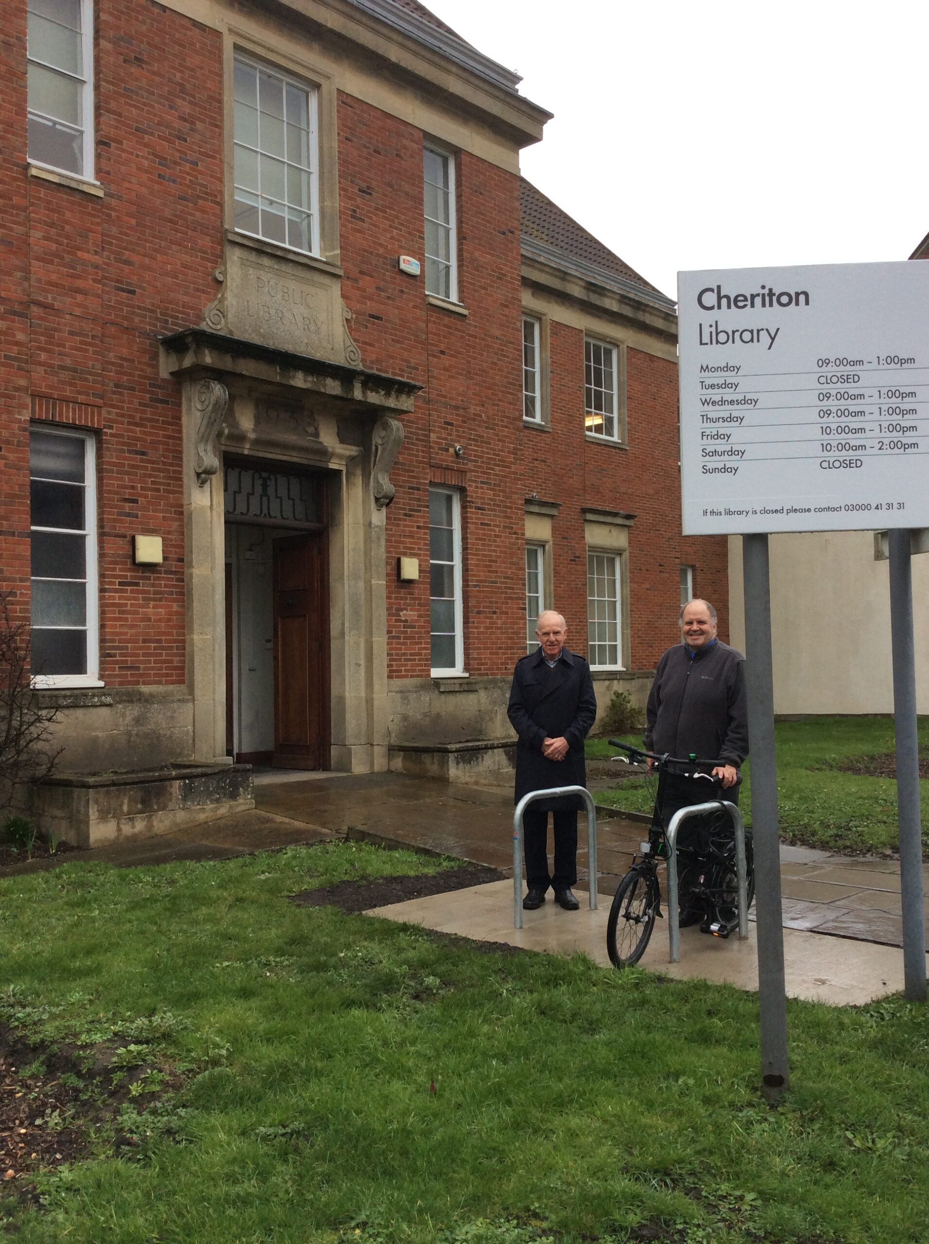 Cllrs John Collier on the left an Peter Gane on the right who funded installation of Cycle stands at Cheriton Library